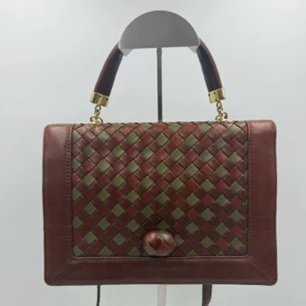 Bottega Veneta Intrecciato Handbag Khaki Leather Brown Green